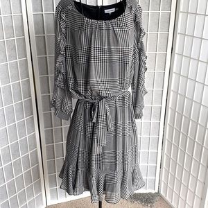 🏁 CALVIN KLEIN | Black & White Houndstooth Checked Ruffle Dress - EUC | Size 16